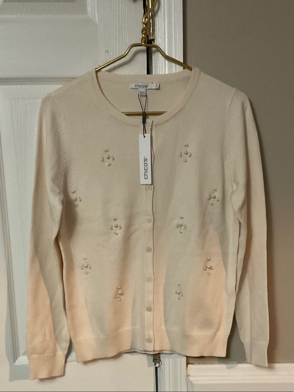 Chico's Cream Pearl-Embellished Button Cardigan